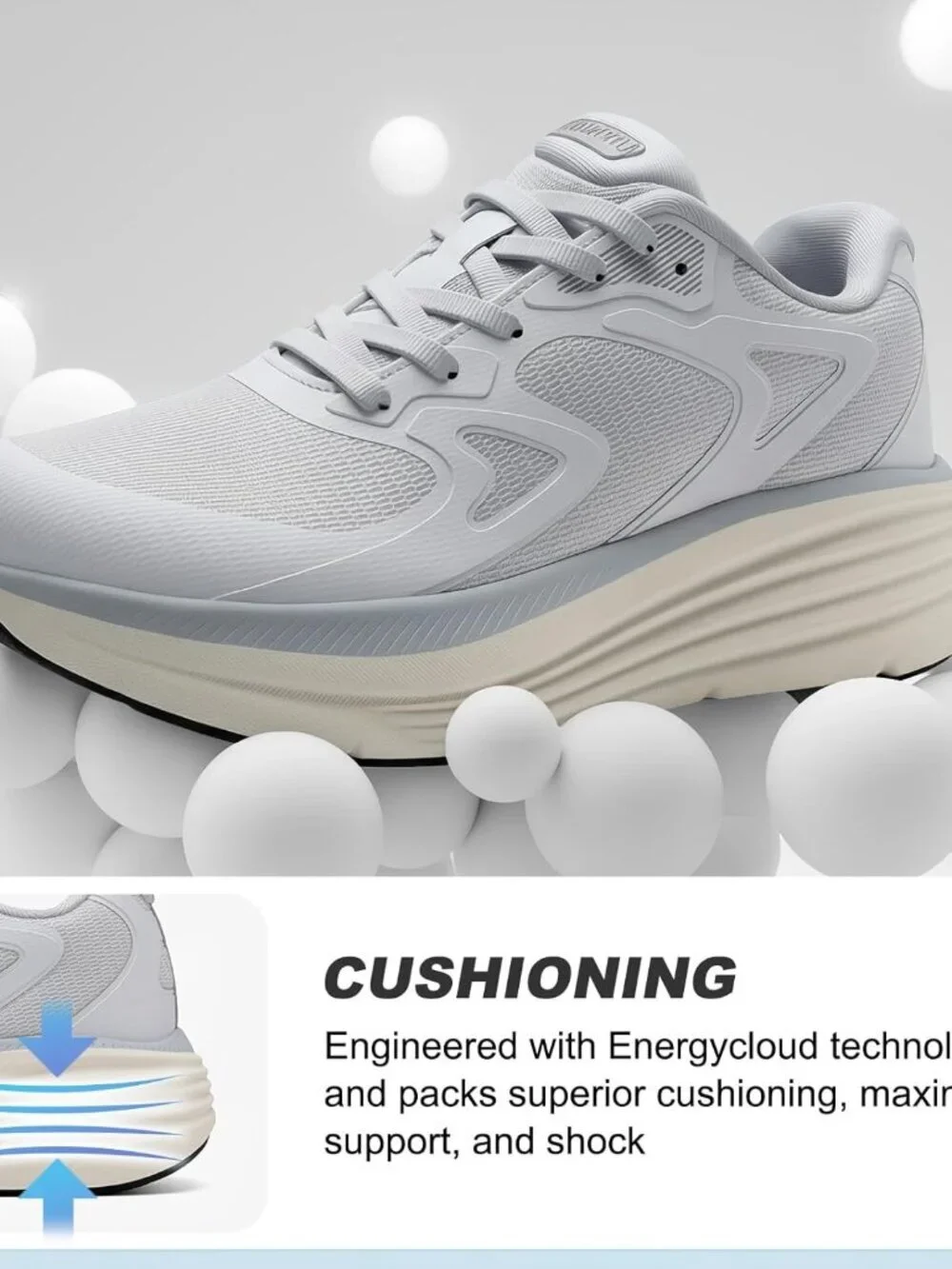 Women's Light Gray Fort Walking Shoes Tennis, Max Cushioning Running Sneakers